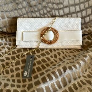 Sondra Roberts vegan leather clutch - magnetic closure & gold chain strap.